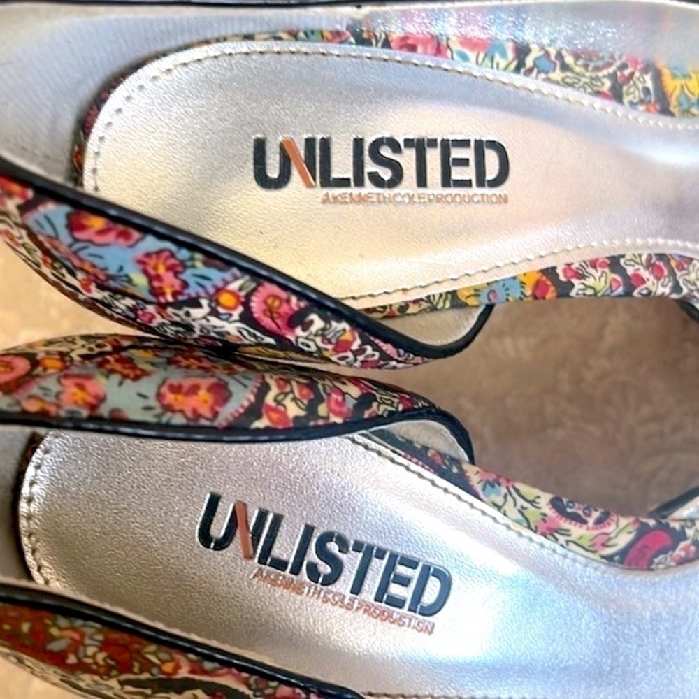 Unlisted Kenneth Cole Paisley Print Cork Heels Peep Toe Pumps Bows Leather Sole - Picture 9 of 15